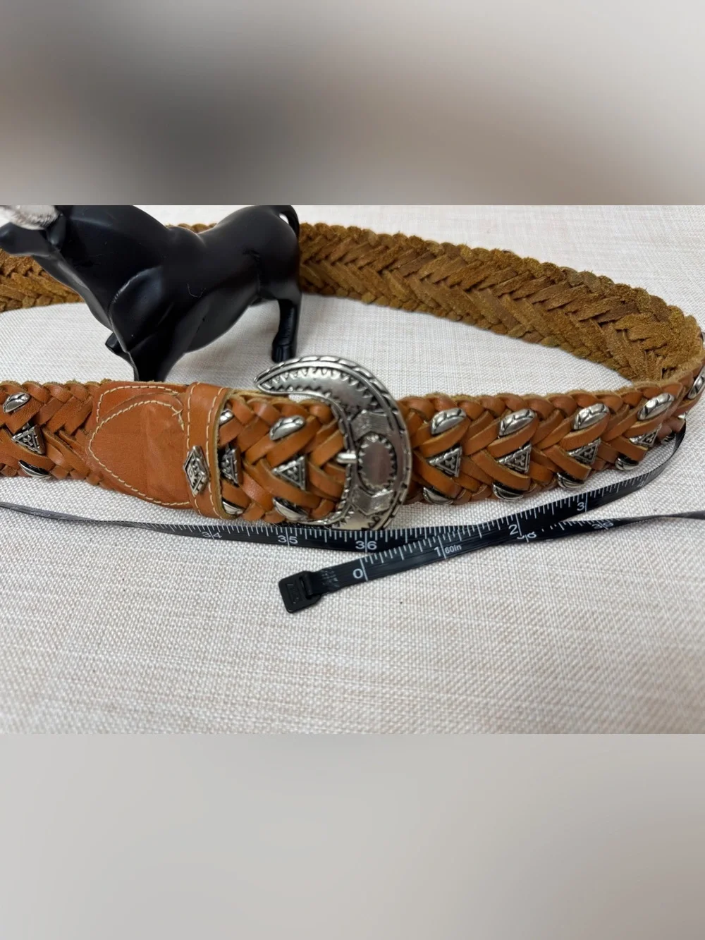 Vintage 1980's Unisex Omega Western Belt Size L Braided Leather Metal Accents